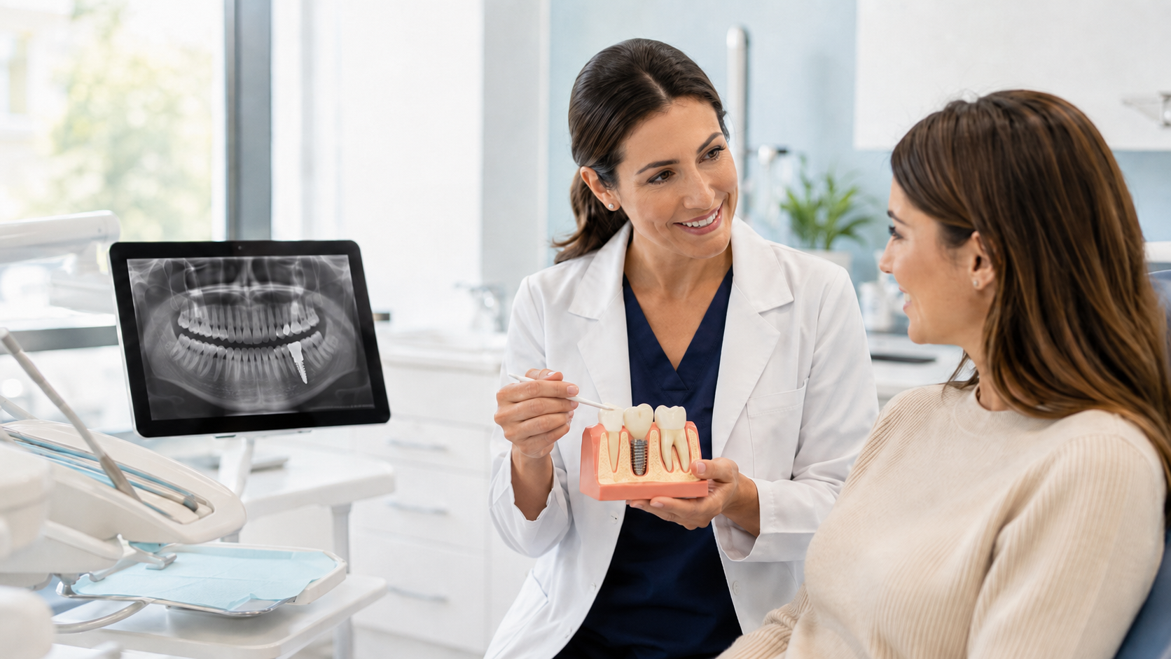 Dentista explicando implantes dentales a una paciente en Clínica Dental Castro Romero, San Salvador